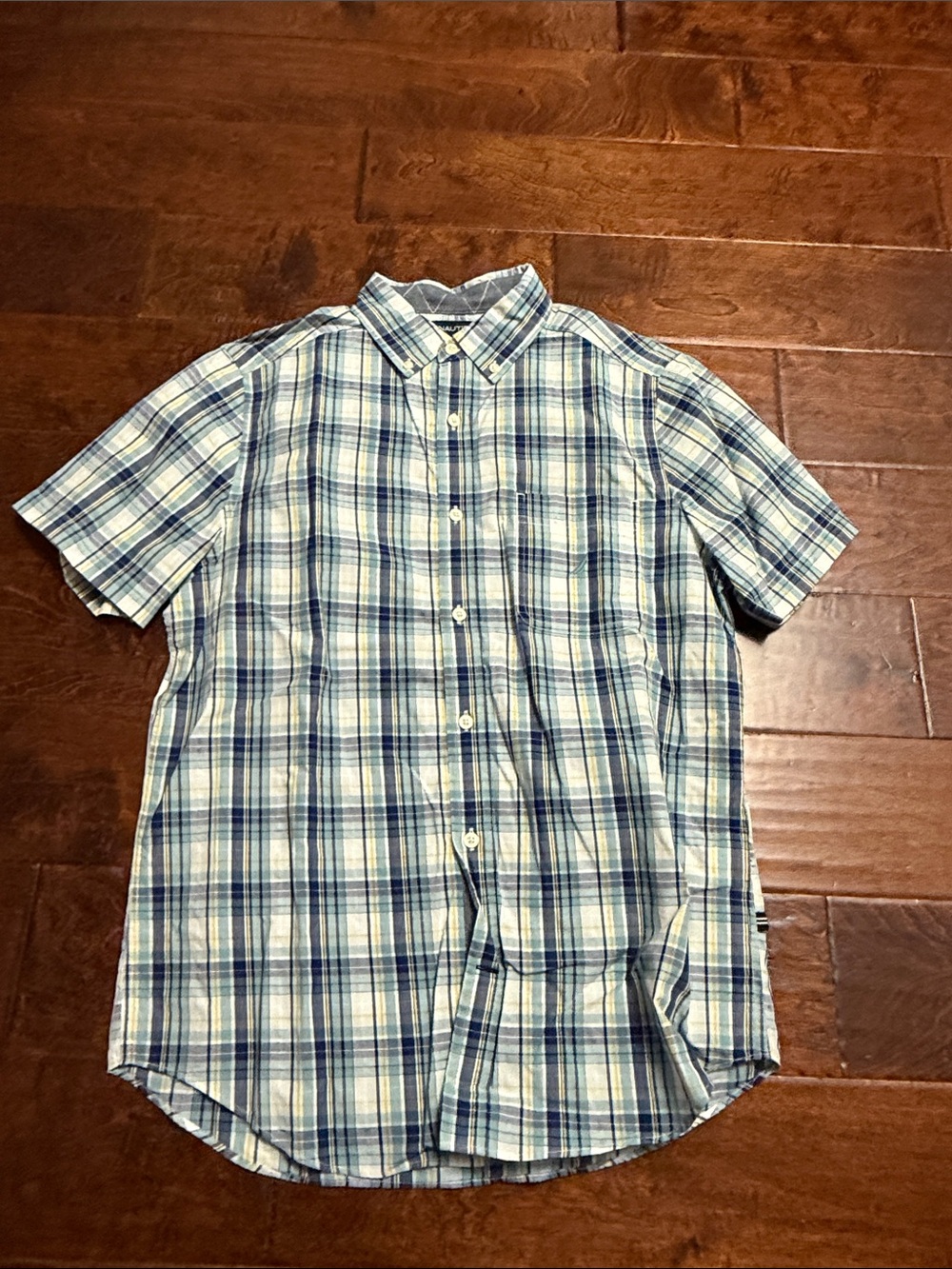 Nautica Blue and White Plaid Short-Sleeve Button-Down Shirt